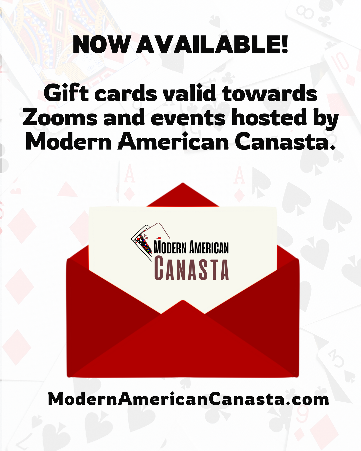 Modern American Canasta Gift Card valid for Zooms and events hosted by Modern American Canasta